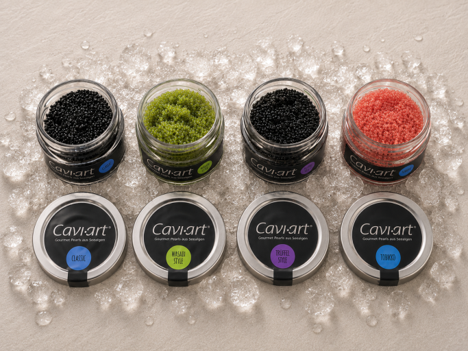 AKI Cavi-Art 4er-Set vegane Kaviar-Alternativen - AKI Cavi-Art Set mit vier Sorten - Veganer Kaviar 4er-Set aus Seealgen - Cavi-Art Classic Wasabi Trüffel Classic Rot - AKI vegane Kaviar Alternative 4 mal 100 g